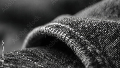 A close-up shot reveals the intricate texture and folds of dark denim fabric.