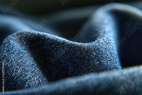 A close-up shot showcases the intricate texture and folds of blue denim fabric, highlighting its woven structure and subtle variations in tone.