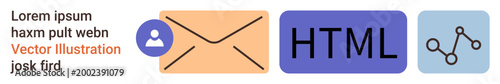 Email services, digital communication, web development, connectivity, coding, technology . Envelopes, HTML tag and nodes in minimalist style. Email and digital communication