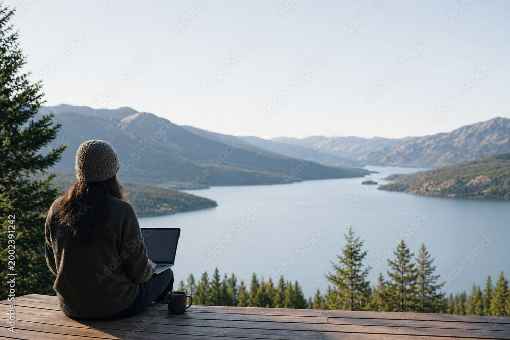 Fototapeta premium Remote work in nature with lake view, freelance lifestyle and outdoor workspace