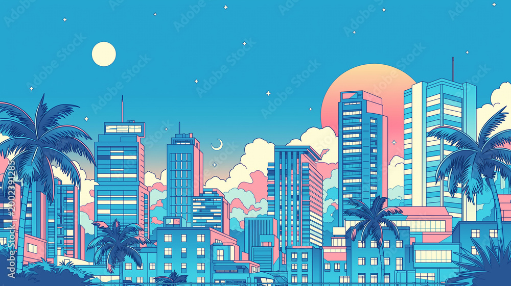Naklejka premium 1980sシティポップの世界観を感じるレトロな都市風景とビル群が広がる夜景イラストで、ノスタルジックな空気と都会の魅力を表現した背景ビジュアル素材