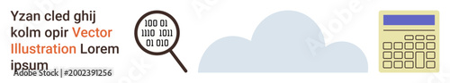 Cloud computing, data analysis, technology, digital research, calculation tools, information systems. Blue cloud, magnifying glass with binary code and calculator. Cloud computing and data analysis