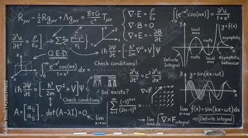 Comprehensive chalkboard with physics and mathematics equations in classroom setting