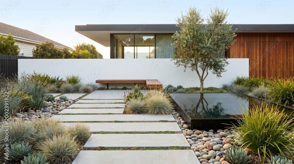 Fototapeta premium Modern minimalist garden with concrete stepping stones, ornamental grasses, a small pond, and a sleek bench in front of a contemporary house with wood and white walls.