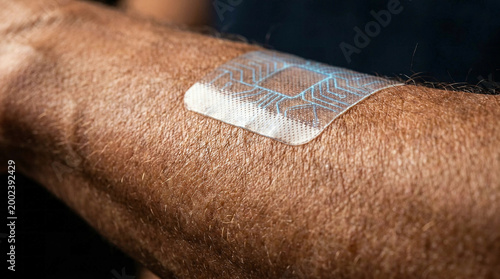 Macro detail of smart transdermal patch on senior athlete arm