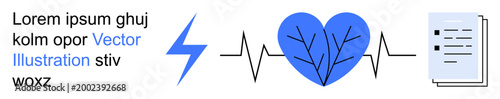 Health monitoring, cardiology, medical reports, fitness tracking, electrocardiograms, digital healthcare. Blue heart with veins, EKG line lightning document. Health monitoring and cardiology