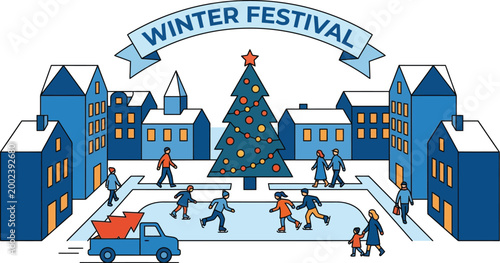 Winter festival celebration takes place in a town square with people skating near a decorated Christmas tree and houses.