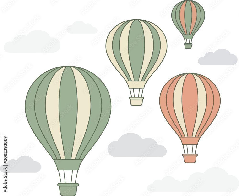 Naklejka premium Hot air balloons float through a clear sky surrounded by fluffy white clouds.