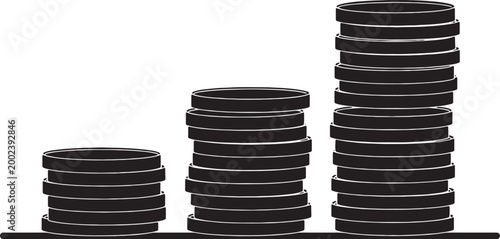 Stacks of metallic coins showing financial growth and accumulation of wealth in flat black vector style isolated on transparent background for business charts data.