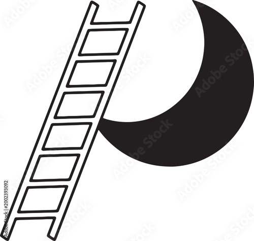Ladder leaning against large crescent moon at night representing achieving aspirations climbing towards goals and ambitious dreams journey of success.