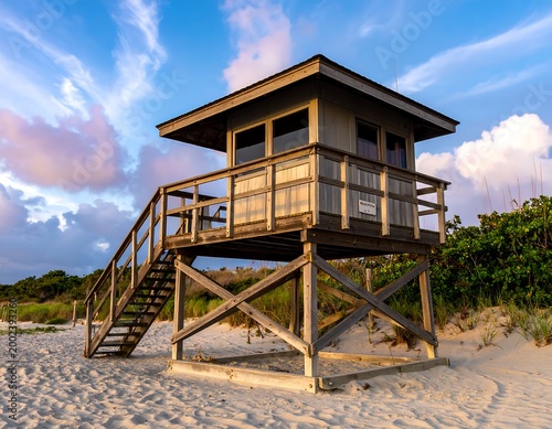 Wooden lifeguard tower on sandy beach at sunset