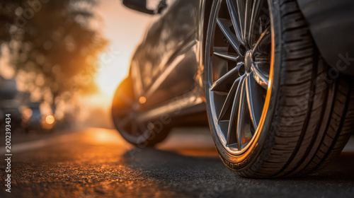 Low angle view of a car tire and alloy rim on a sunlit urban road during golden hour with blurred city background and warm natural light reflections