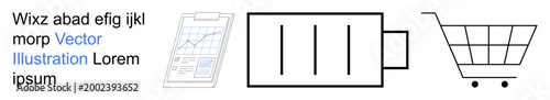 E-commerce, data analysis, energy solutions, shopping trends, digital tools, online business. Graph on a tablet, battery symbol shopping cart. E-commerce and data analysis conceptual graphic