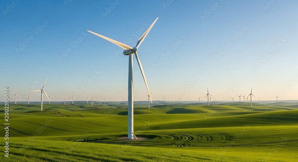 Fototapeta premium Wind turbines generating power in a vast green field under a clear blue sky