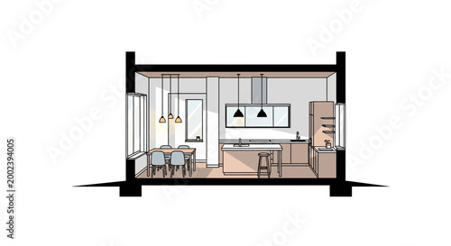 Cross Section Illustration of a Modern Open-Plan Kitchen and Dining Area