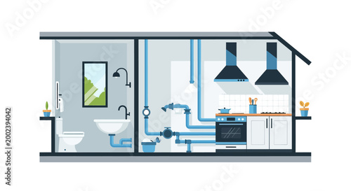 Cross-section Illustration of Home Plumbing System Layout with Kitchen and Bathroom Interior