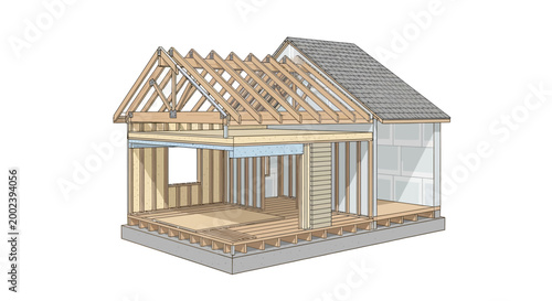 House Construction Cutaway Illustration of Wooden Frame Structure and Roof Trusses on White Background