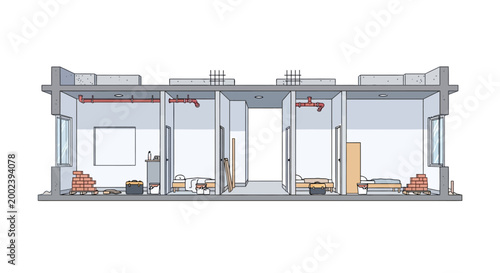 Architectural Cross-Section Illustration of a Multi-Unit Residential Building Under Construction with Interior Details