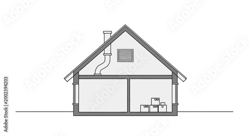 House Cross-Section Illustration with Attic and Storage Boxes, Minimalist Architectural Diagram