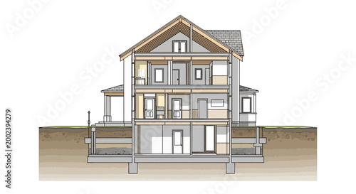 Architectural cross-section of a residential house with basement and attic showing structural details and interior layout