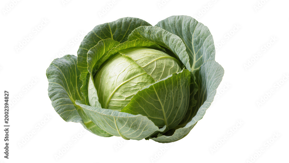Fototapeta premium Isolated fresh green cabbage head with outer leaves, healthy organic whole vegetable food