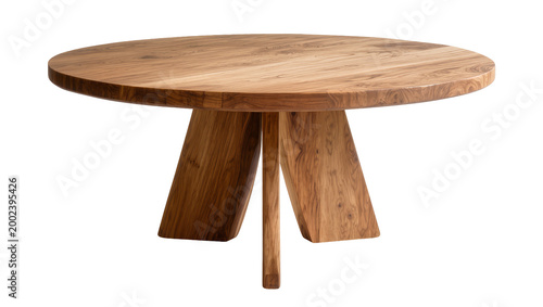 Obraz na płótnie Isolated round dining table with unique three-leg wooden base, handcrafted solid