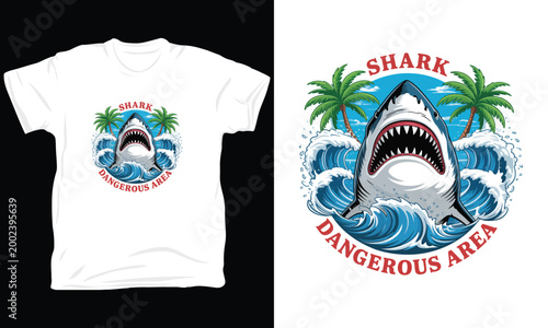 Shark dangerous area. summer t-shirt design for print. vector illustration.