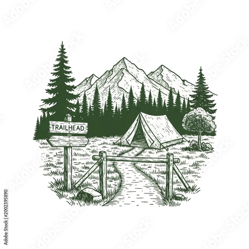 Camping Tent Trailhead Sign Post.