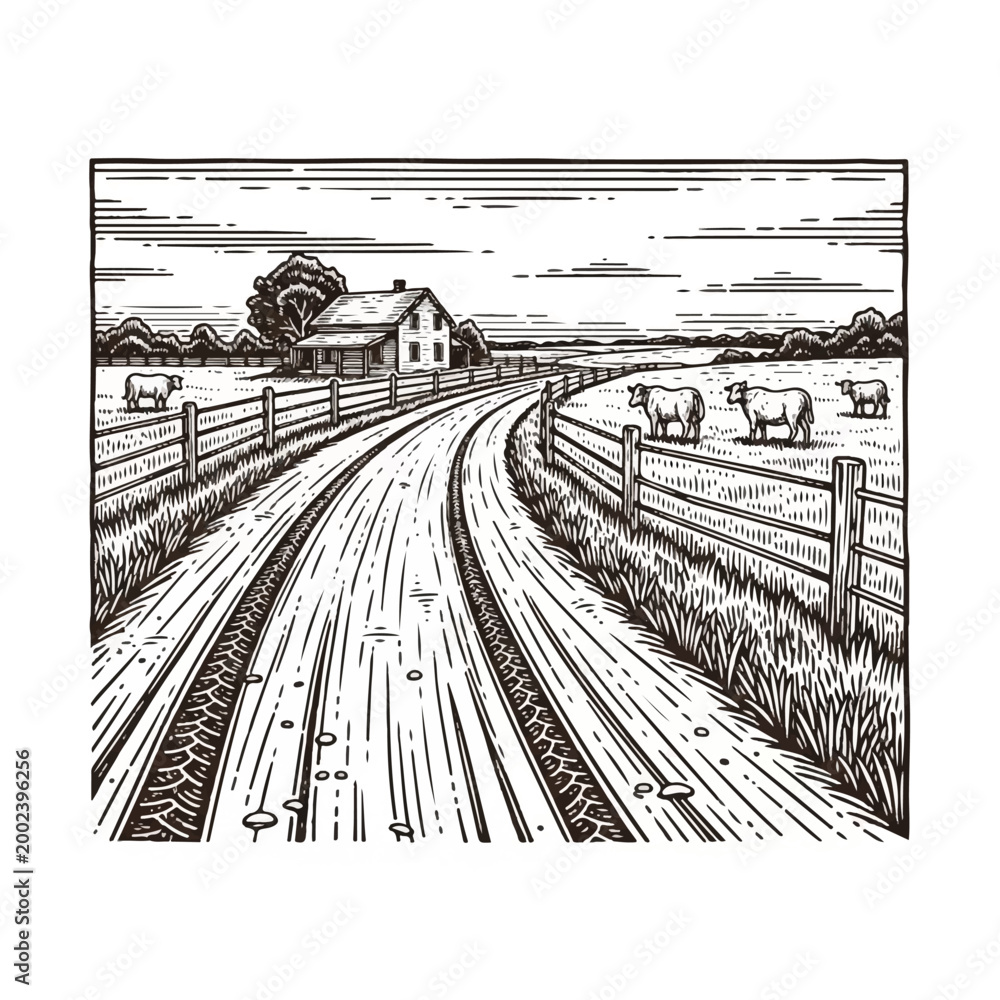 Fototapeta premium Cows grazing near rural railroad tracks.