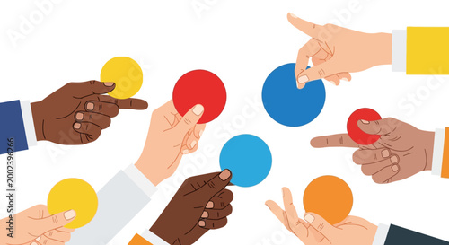 Diverse Multicultural Hands Holding Colorful Circular Tokens - Business Collaboration, Teamwork, and Resource Sharing Concept Vector Illustration