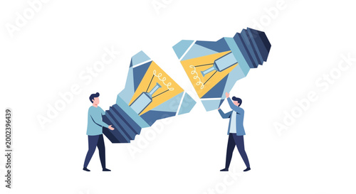 Business Teamwork and Collaboration Concept: Two Professionals Merging Pieces of a Large Light Bulb to Create a Big Idea