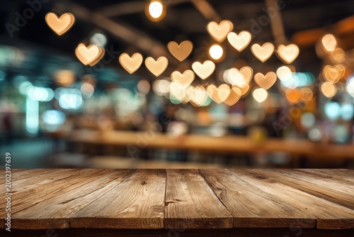 A warm, inviting interior scene features a rustic wooden surface in the foreground, adorned with a blurred backdrop of glowing heart-shaped lights, creating a romantic and cozy atmosphere.
