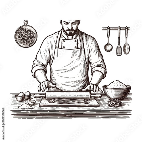Man rolling out pizza dough.