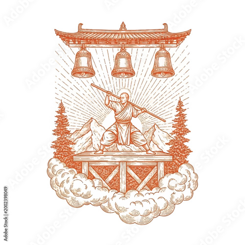 Man ringing large metal bells loudly.