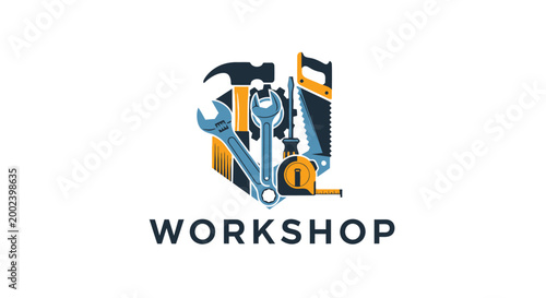Workshop Tools Emblem Logo: Hammer, Saw, Wrench, Screwdriver, Tape Measure