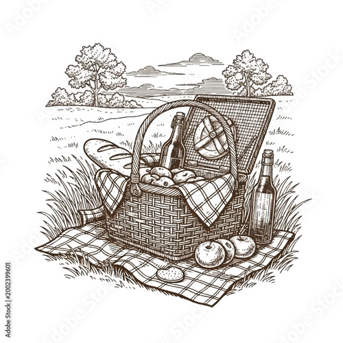 Picnic basket with food and wine.