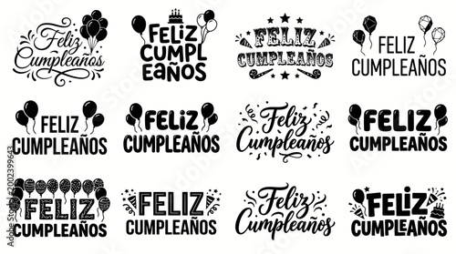 Collection of Festive Happy Birthday Greetings in Spanish with Balloons and Gifts, Celebrating Special Occasions