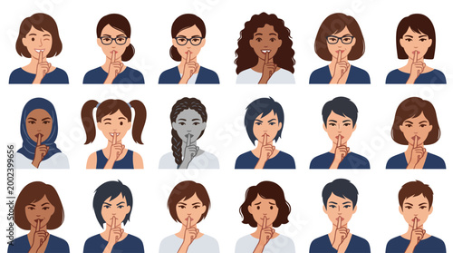 Diverse group of women with hands covering mouths, conveying silence, secrets, or a need for quiet