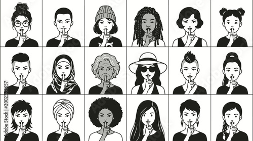Diverse group of people making a shushing gesture, symbolizing silence, secrets, or quiet contemplation