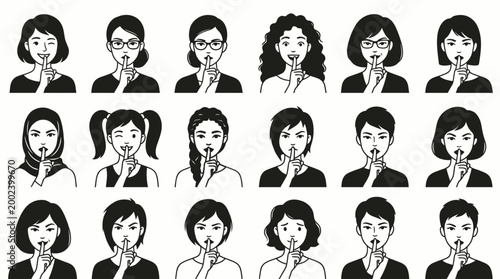Diverse female characters depicted with fingers on lips, symbolizing quiet, silence, and discreet communication in a modern, clean vector art style, ideal for messaging privacy or secrecy