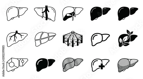 Collection of stylized liver icons representing health and medical concepts in a graphic design