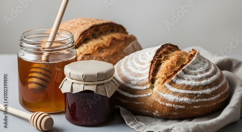 Artisanal Sourdough Bread with Fresh Honey and Fruit Jam on a Rustic Table - Freshly Baked Homemade Loaves for a Nutritious Breakfast