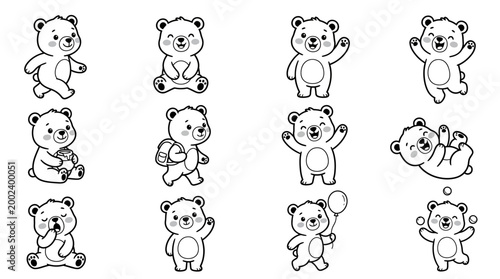 Adorable cartoon bears in various playful poses, perfect for children's books and designs
