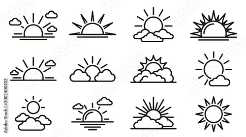A diverse collection of outline sunrise and sunset icons, featuring celestial elements, clouds, and horizon lines, perfect for web design, apps, and weather forecasting interfaces