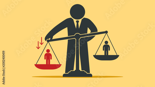 Authority figure tipping scale showing bias, concept of unfairness, power and inequality