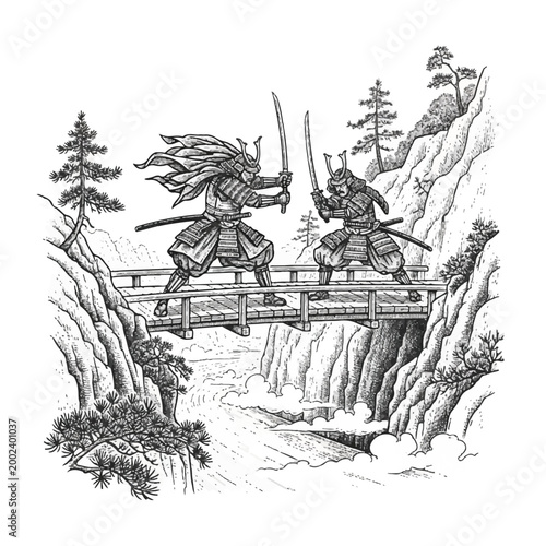 Two samurai warriors with swords fighting.