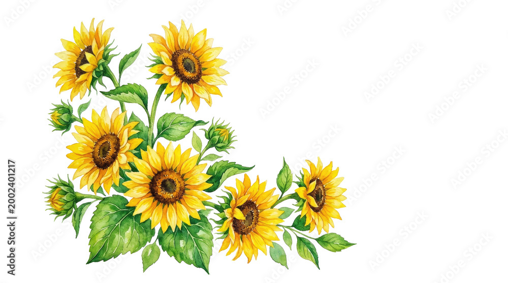 Fototapeta premium Watercolor Sunflowers Floral Corner Design Isolated