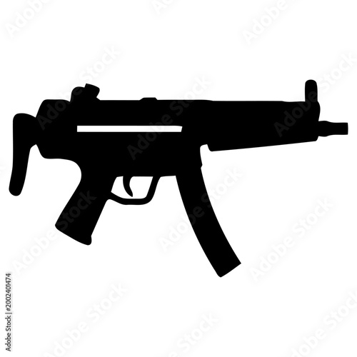 Canvas Print Black silhouette vector illustration of a submachine gun isolated on a white bac