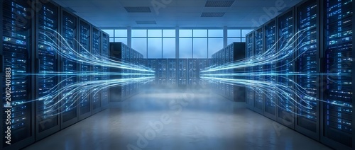 Modern data center server room with glowing blue light trails representing high-speed data transfer and network connectivity in futuristic technology facility.