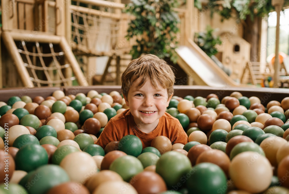 Fototapeta premium Smiling young boy playing inside colorful ball pit in indoor playground